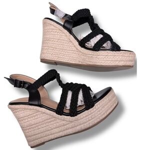 NIB Sopends Women Black Braided Espadrille Wedge Sandals Size 37 US 6.5